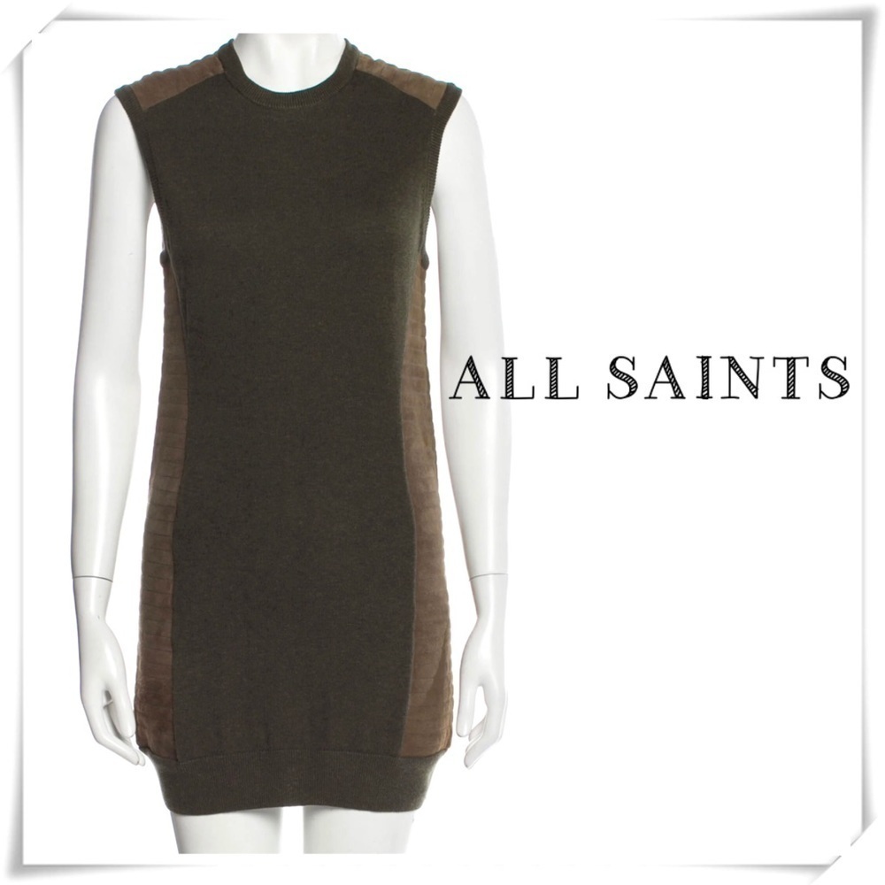 ALL Saints Sierre Jumper Leather Trim Knit Dress in Military Green Size 2